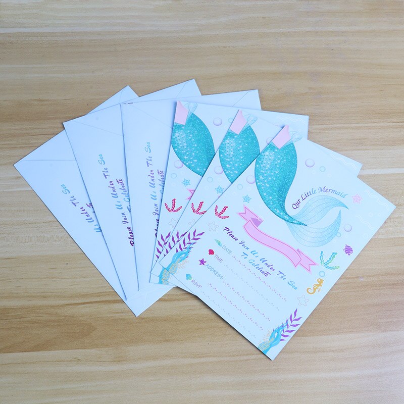 8pcs Little Mermaid Party Invitation Cards Invited Envelopes Baby Shower Girl Birthday Party Decorations Mermaid Tail Cards