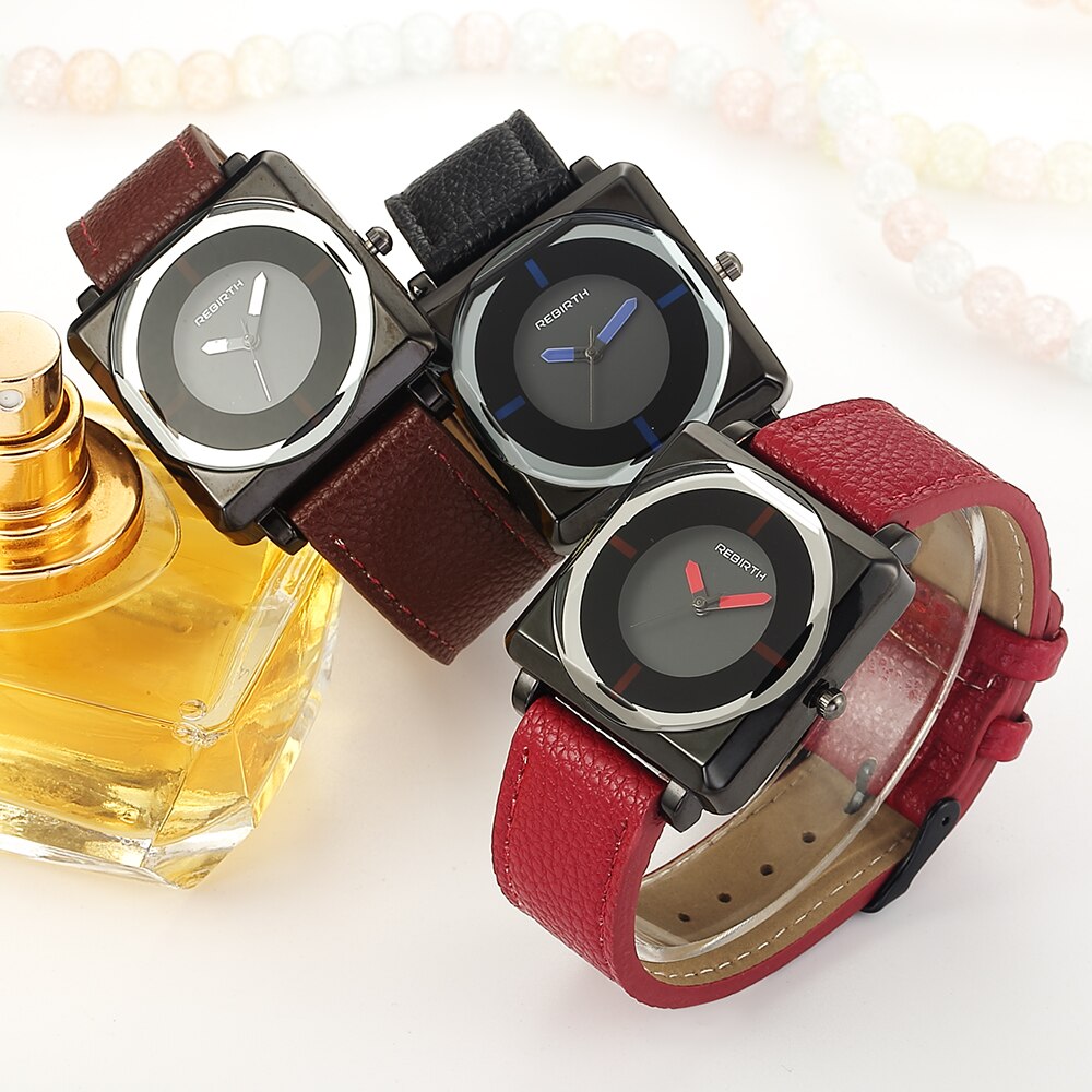 Reloj REBIRTH para mujer, relojes cuadrados de pulsera para mujer de la mejor , relojes de pulsera de cristal de cuero contraído, relojes de pulsera de cuarzo para mujer, reloj relog