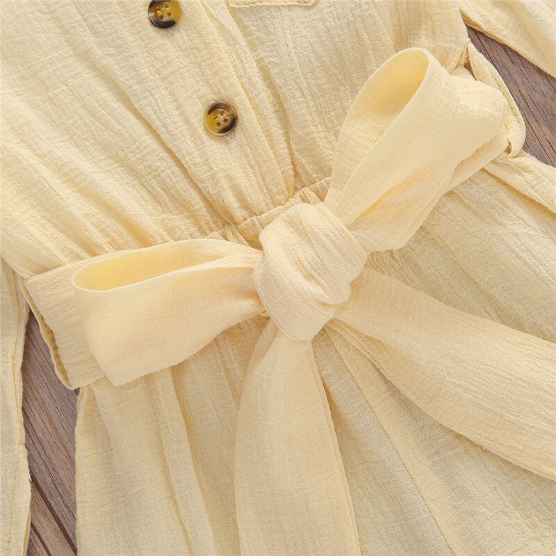 Herfst Peuter Kid Meisje Kleding Lange Mouw Romper Een Stuk Revers Hals Knoppen Tie Taille Shorts Jumpsuit Outfit 2-6Y