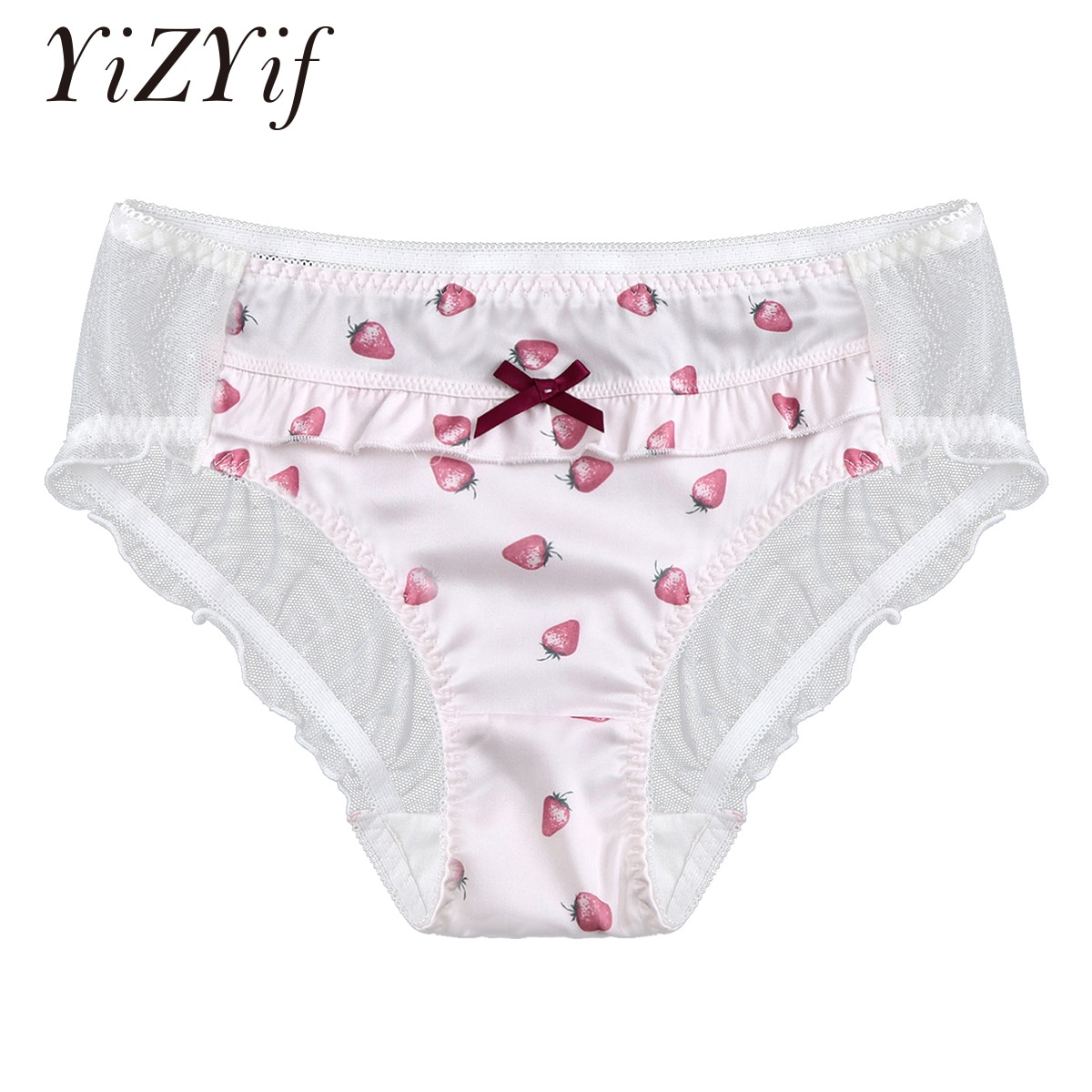 Men Sissy Crossdress Cosplay Briefs See-through Mesh Cartoon Fruits Print Cute Briefs Panties Sexy Gays Male Underwear