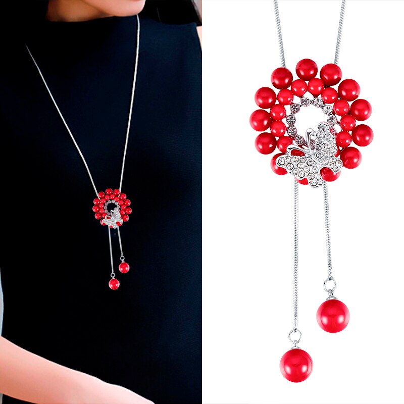 Statement Maxi Long Necklaces & Pendants for Women Geometric Necklace Jewelry Collier Femme Collar Accessories: Red Pearl Butterflly