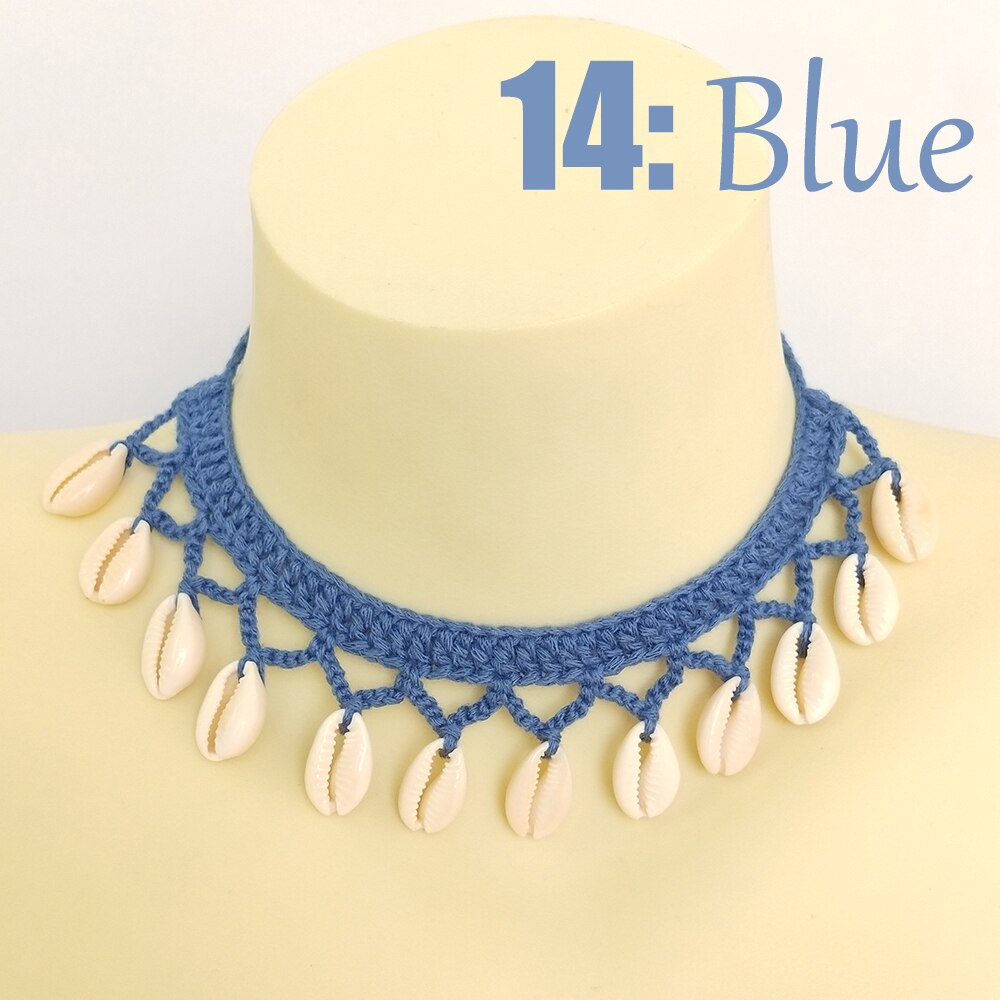 Buy 2 Get 30% Off Girl Cute Sea Shell Choker Necklace Crochet Bohemian Beach Tassel Necklace Shell Chain For Women Pendant: blue