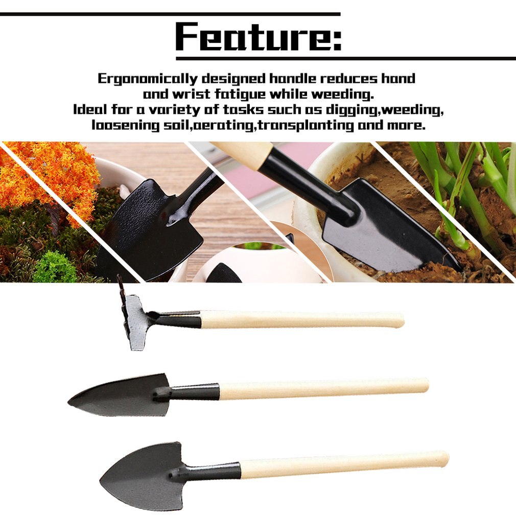 3 unids/set Mini herramientas de jardinería mango de madera de acero inoxidable plantas en macetas pala rastrillo pala para flores planta en maceta