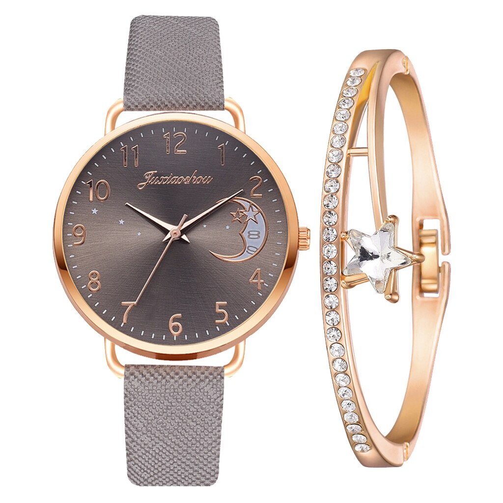 Women Watch Moon Numbers Dial Bracelet Watches Set Ladies Leather Strap Quartz Wristwatch Women Female Clock Relogio Mujer: XR4379-GY-RG