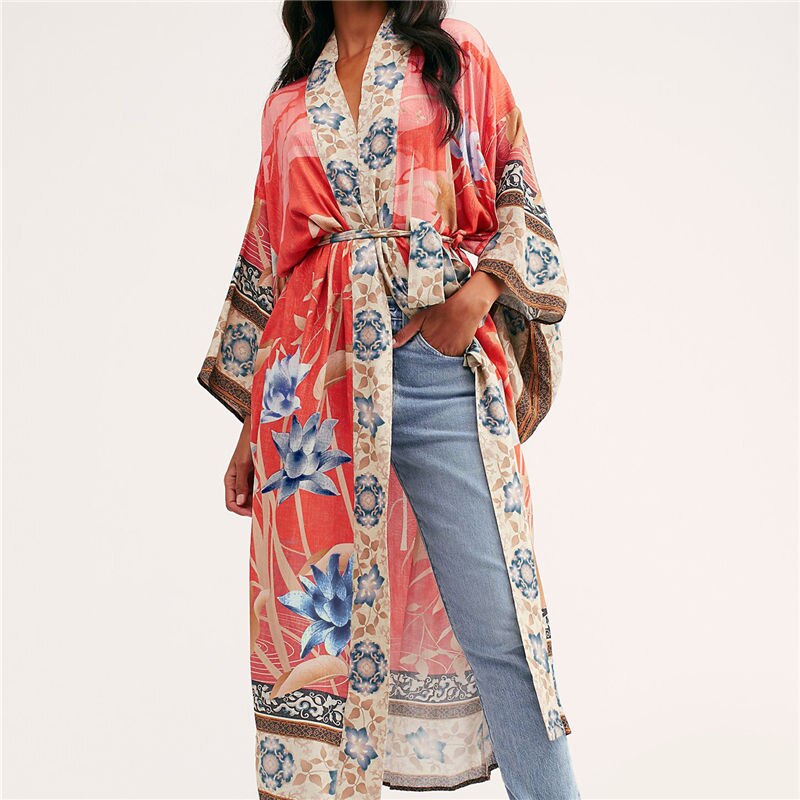 Bikini Cover-ups Bohemian Veelkleurige Gedrukt Chinese Stijl Lange Kimono Vest Vrouwen Beach Wear Badpak Cover Up q996