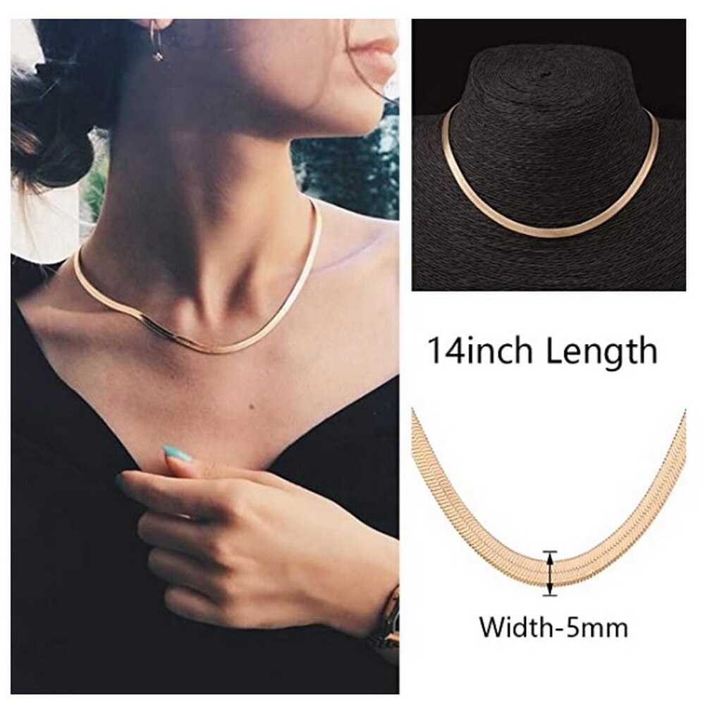Collar de Gargantilla ajustable con de espiga para mujer, cadena serpiente plana de 5MM y oro , Gargantilla sencilla, joyería delicada de 15"