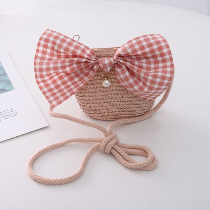 Zomer Kind Prinses Leuke Cartoon Stro Hoed Met Handtassen Tassen 2 Stuks Een Set Kids Meisje Baby Boog Plaid panama Zonnehoed: Bag  pink