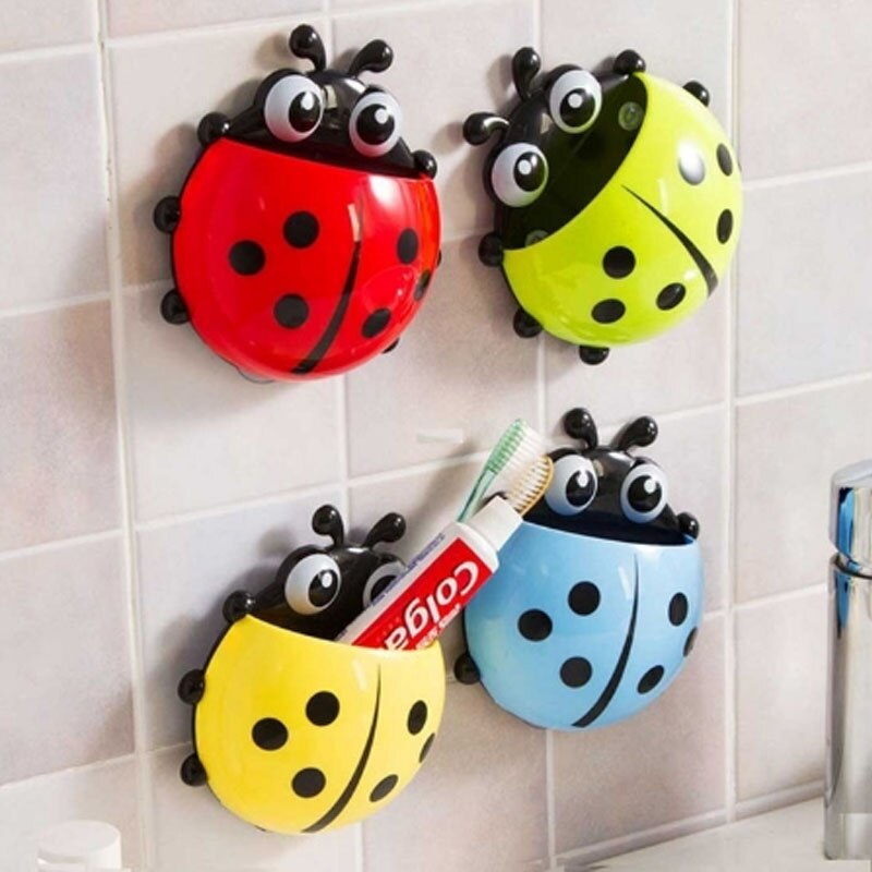 Leuke Lieveheersbeestje Tandenborstelhouder Muur Zuig Badkamer Accessoires Set Cartoon Sucker Zuig Haken Ladybird Toiletartikelen Container