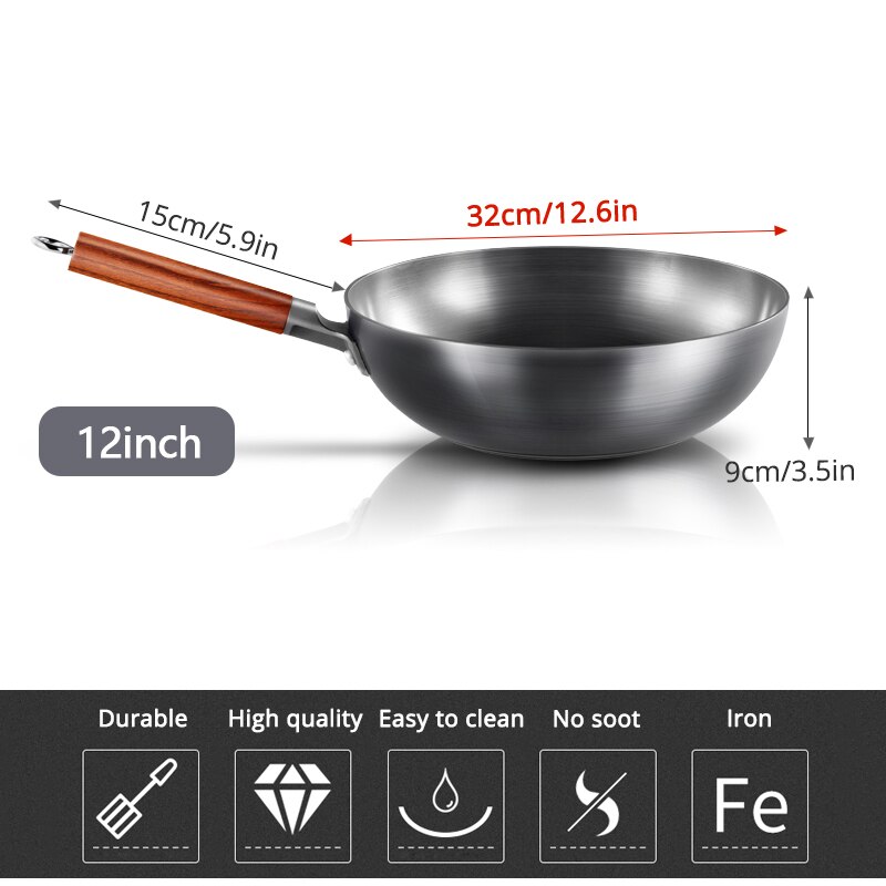 Ijzeren Wok Traditionele Handgemaakte Ijzeren Wok Non-stick Pan Non-Coating Inductie En Gasfornuis Kookgerei