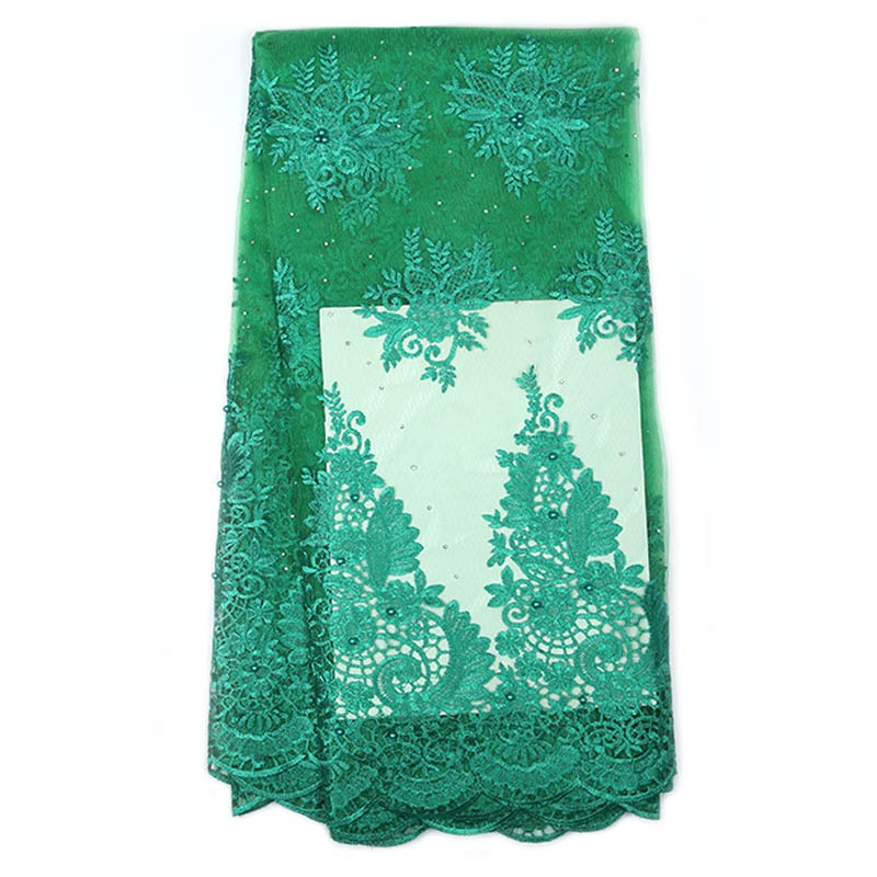 African French mesh lace fabric with African beads embroidered lace tulle Nigerian lace wedding dress: Army green