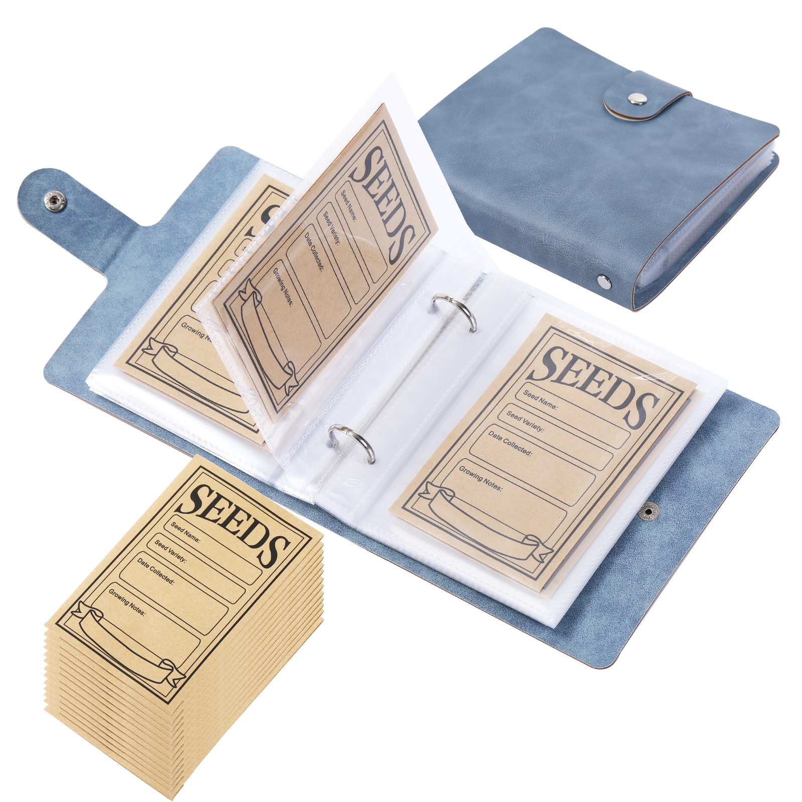 1 Juego de organizadores de almacenamiento de semillas de jardín, carpeta organizadora de semillas con 50 Uds. Sobres de semillas autosellados, organizador de paquetes de semillas, semillas: Azul