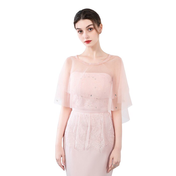 Zomer rode blauwe tule bruidsomslagdoeken sjaal dames avond cape bolero strass bruidsjurk bruiloft feest jassen omslagdoek: Roze perzik