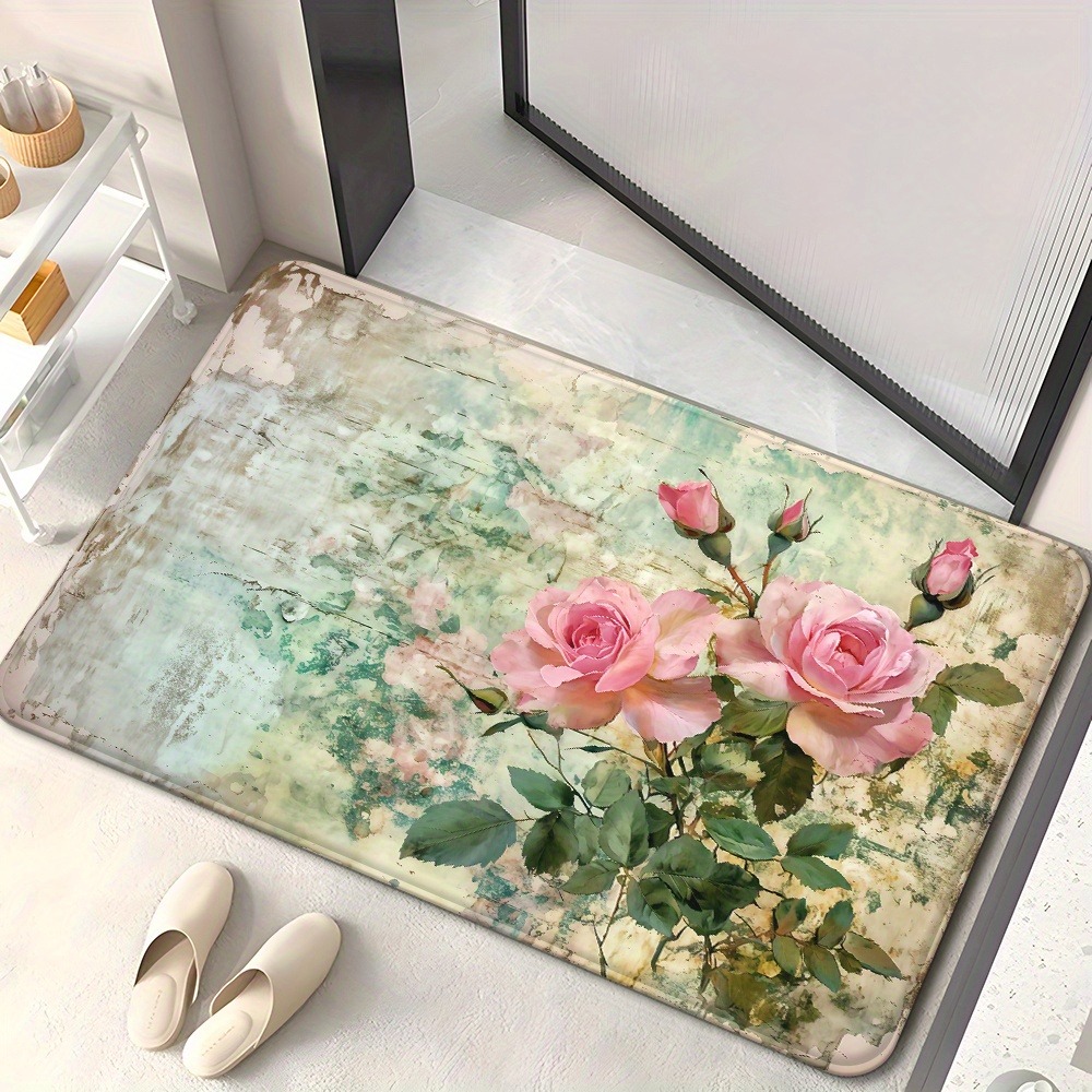 Pastel Pink Hibiscus Floor Mat: Soft Floral Pattern Anti-Slip Door Mat for Bathroom Living Room Kitchen Home Decor: 1000mmx1000mm / black