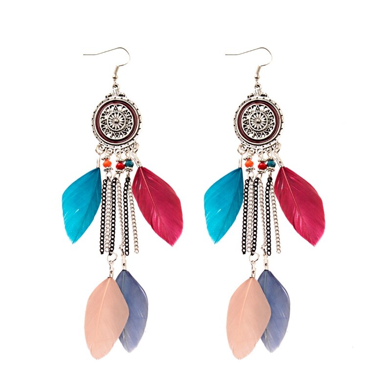 Ethnic Blue Feather Long Earrings For Women Gypsy Jhumka Jhumki Chain Indian Beads Earrings Handmade Oorbellen HXE058: 127-4