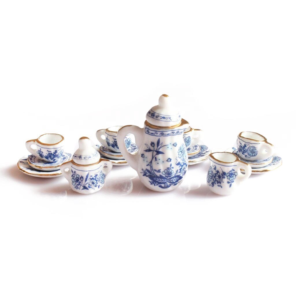Abwe best 1/12th dining ware porcelæn keramisk te sæt dukker hus miniaturer blå blomst