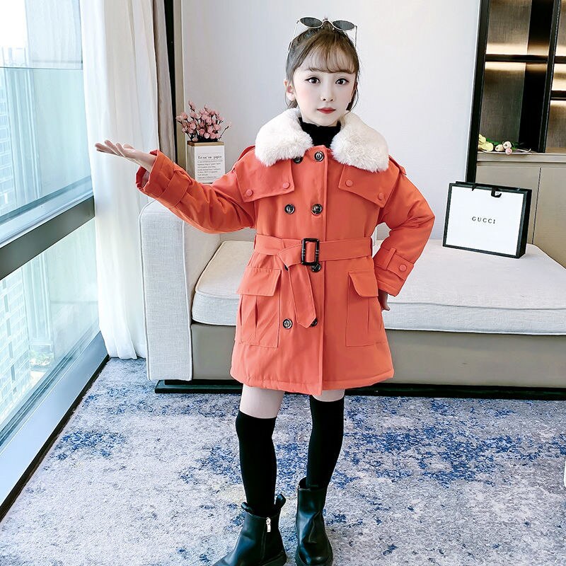 Winter Mädchen Jacke Winddicht Warme Mantel Pelz Kragen Outwear Zweireiher lässig freundlicher freundlicher Kleidung 4-16 Jahre alt: Orange / 130