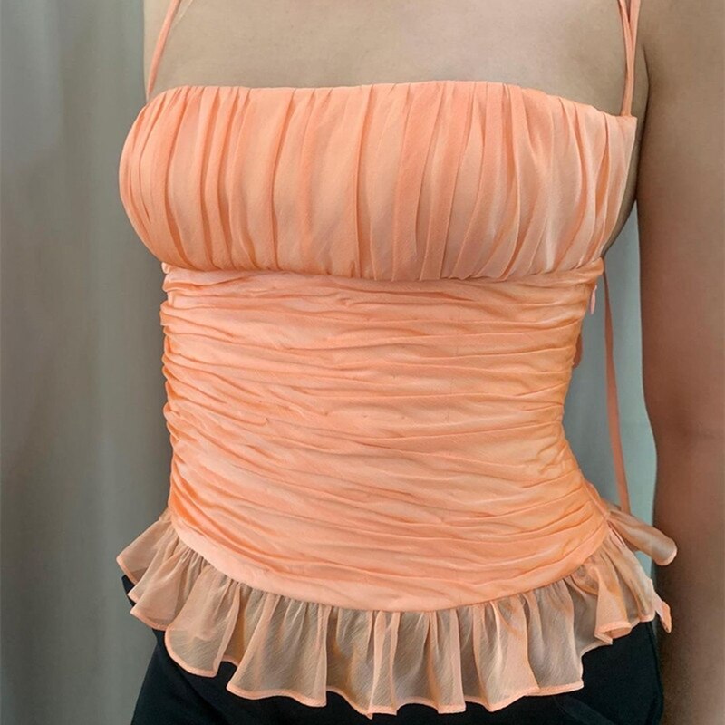 Uclio-Chaleco de malla de hojas de loto para mujer, chaleco femenino de un hombro, espalda abierta, cuello, naranja