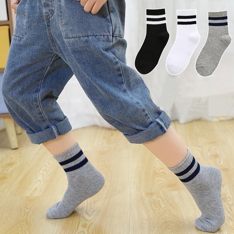 Chaussettes en coton respirantes pour enfants, 5 paires, bas de sport unisexe à rayures en coton de pour garçons et filles de 3 à 12 ans