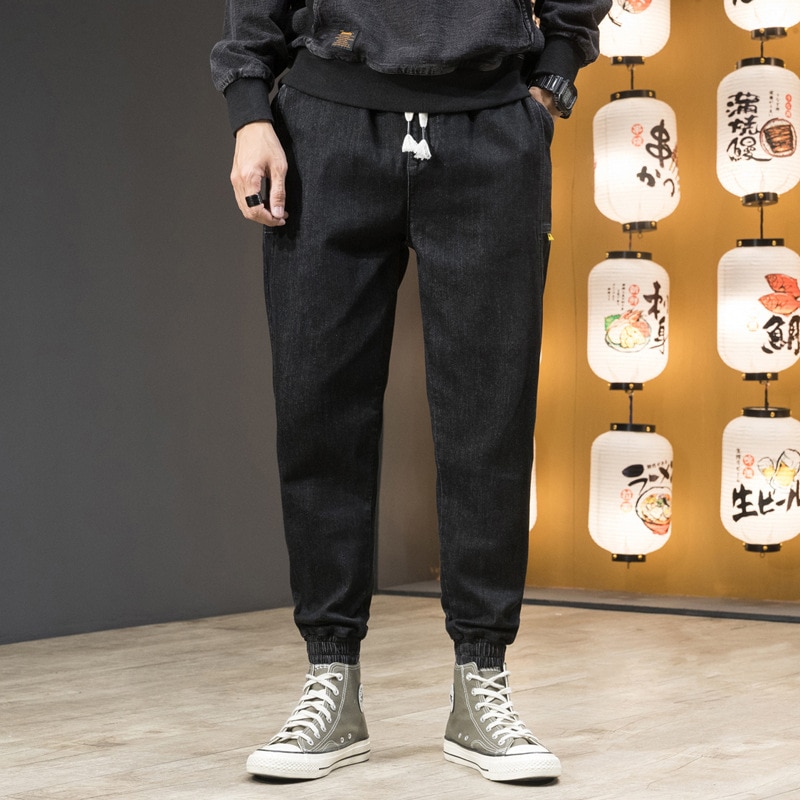 Jean homme Baggy Denim sarouel homme entrejambe ample Hip Hop rue cordon pantalon grande taille 5X 6X 7X Joggers Streetwear: Black / XXXL