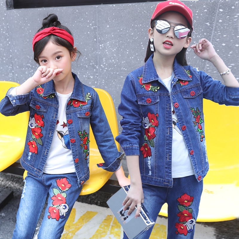 Embroidered Flower Kids Spring Autumn Long Sleeve Outfit Girl Jean Kids Denim Clothing Single Jacket