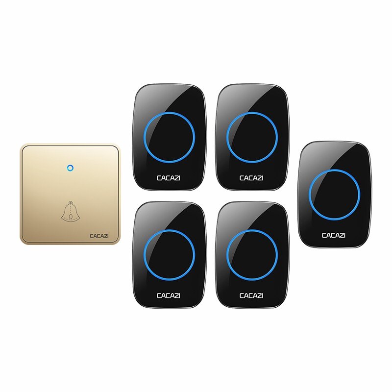 Cacazi trådløs dørklokke vandtæt 300m fjernbetjening natlysmodtager 2032 batterisender smart home ringeklokke 60 klokkespil 220v: Guld 1 tr 5 re / Uk