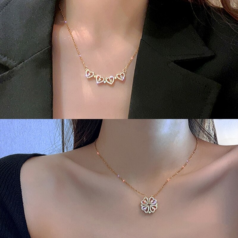 Four Leaf Clover Necklace Heart-shaped Clavicle Chain Openable Choker Jewellery