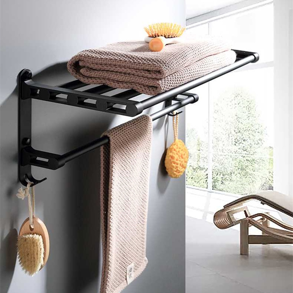 Badkamer Handdoek Rek met Haken Zwart Space Aluminium Wandmontage Badhanddoek Doek Plank Twee Layer Opslag Hanger
