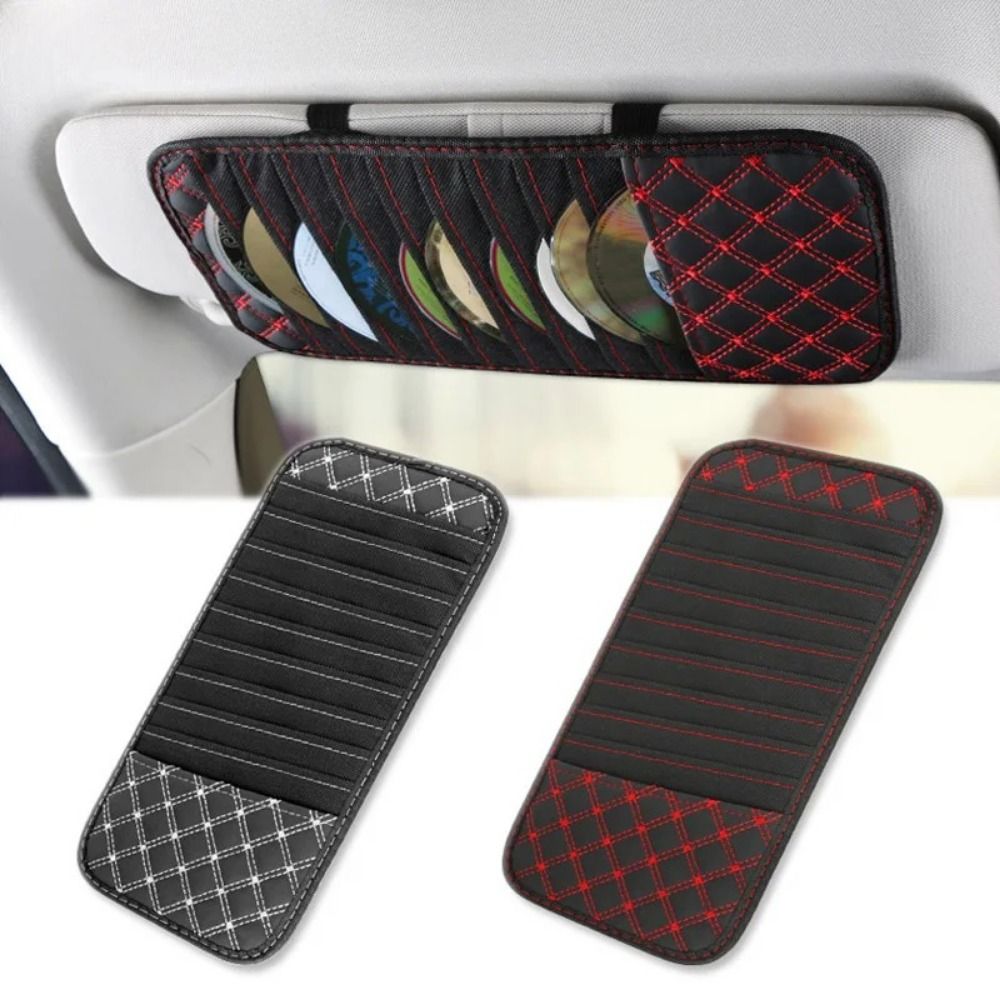 Sun Visor PU Leather Car CD Holder Bag Anti-Lost Pouch Car Disc Storage Case Red/White Safe Auto DVD Leather Clips CD DVD Disc