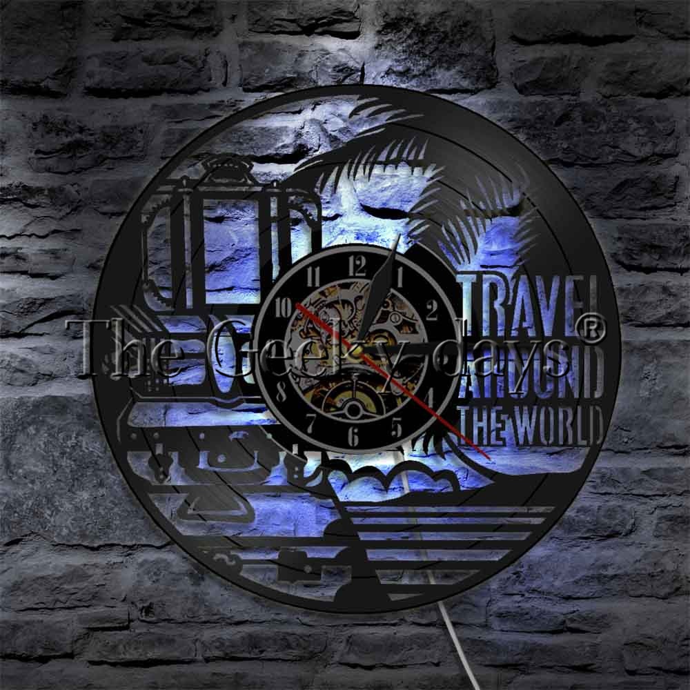 1Piece Travel Around The World Themed Vinyl Record Wall Clock World Wide Tours Led Wall Light Man Cave Bar Sign Contemporary