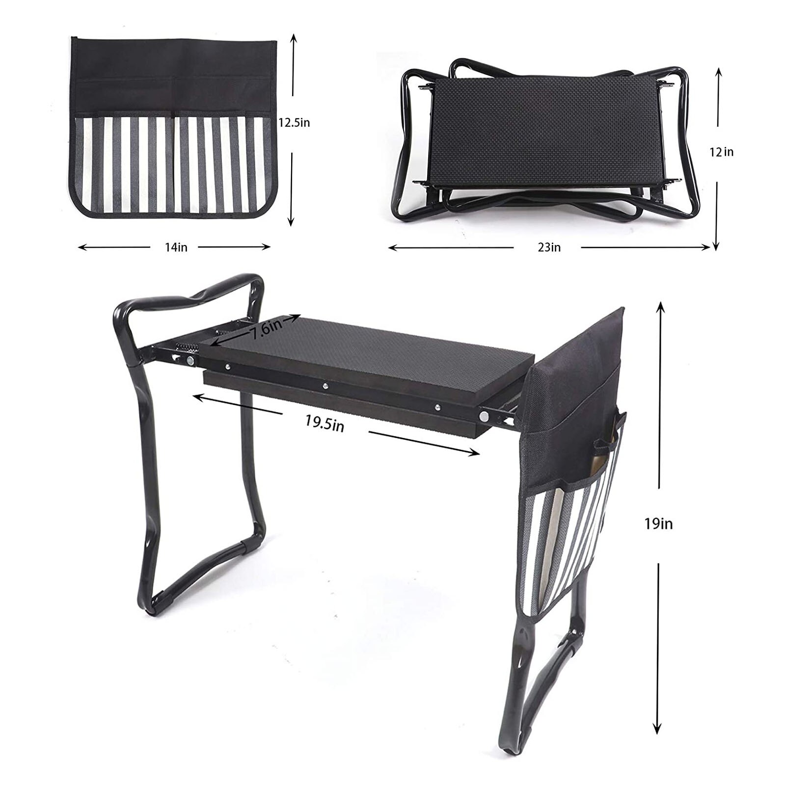 Garden Folding Stainless Kneeler Multi-Functional Seat Removable with 2 Tool Bags EVA Kneeling Pad Gardening