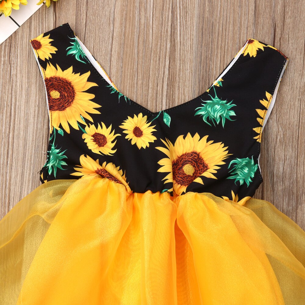 Baby zomerkleding baby kinderen baby meisjes zonnebloem bodysuits jurk mouwloos chiffon kant jumpsuit zonnepak jurk 0-18m