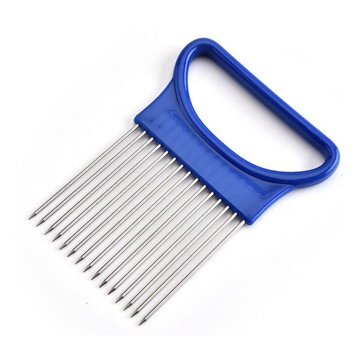 Ui Naald Ui Vork Groenten Fruit Snijmachine Tomaat Cutter Snijden Veilig Aid Houder Roestvrij Staal Keuken Gereedschap: Blue