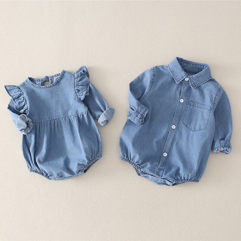 Zus Broer Baby Jumpsuit Kleding Lente Herfst Meisjes Jongens Denim Shirt Mode Katoenen Baby Peuter Rompertjes Foto Props
