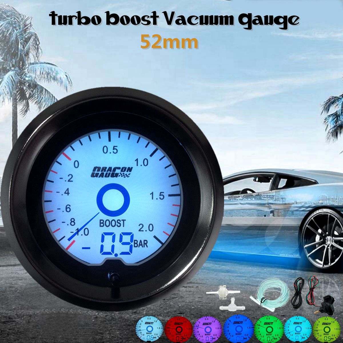 Universal 2" 52mm BAR Turbo Boost Gauge Digital LED Light Display Car Meter Pressure Gauge 7 Color in 1