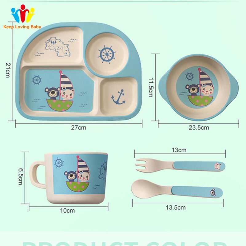 Cubertería de cuatro platos para niños de fibra de bambú, cubertería portátil con dibujos bonitos para bebé, tenedor, vajilla para bebé