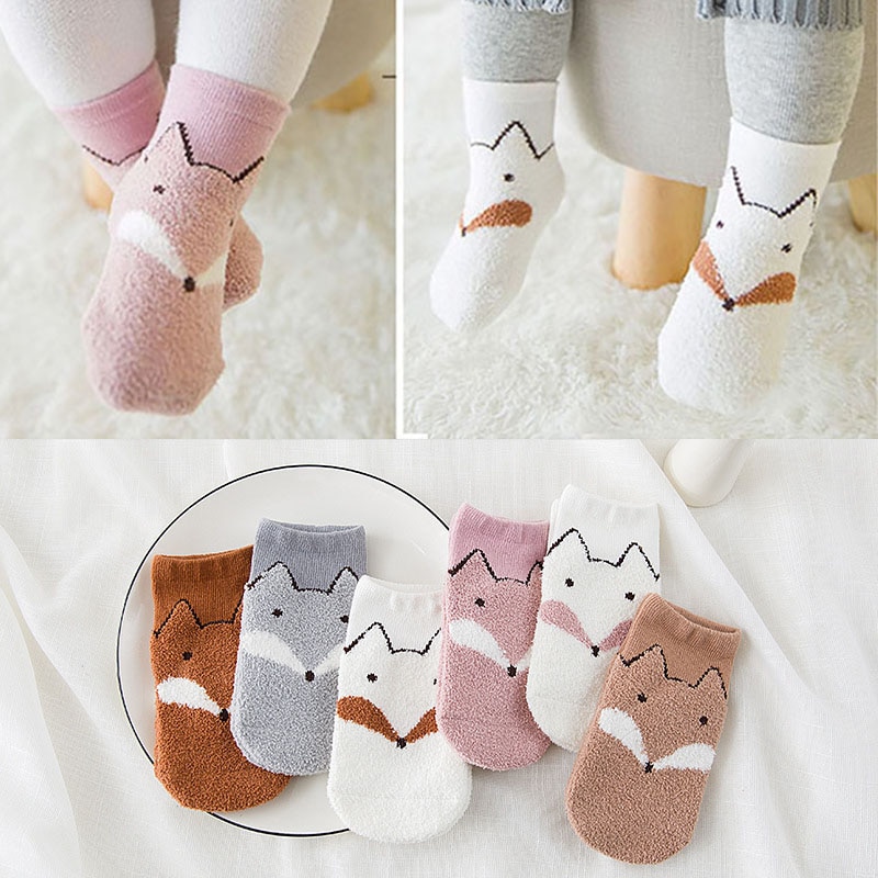 3Pairs/Set Winter Coral Fleece Baby Socks Cartoon Fox Warm Socks Baby Boy Girl Anti Slip Thermal Soft Child Floor Socks