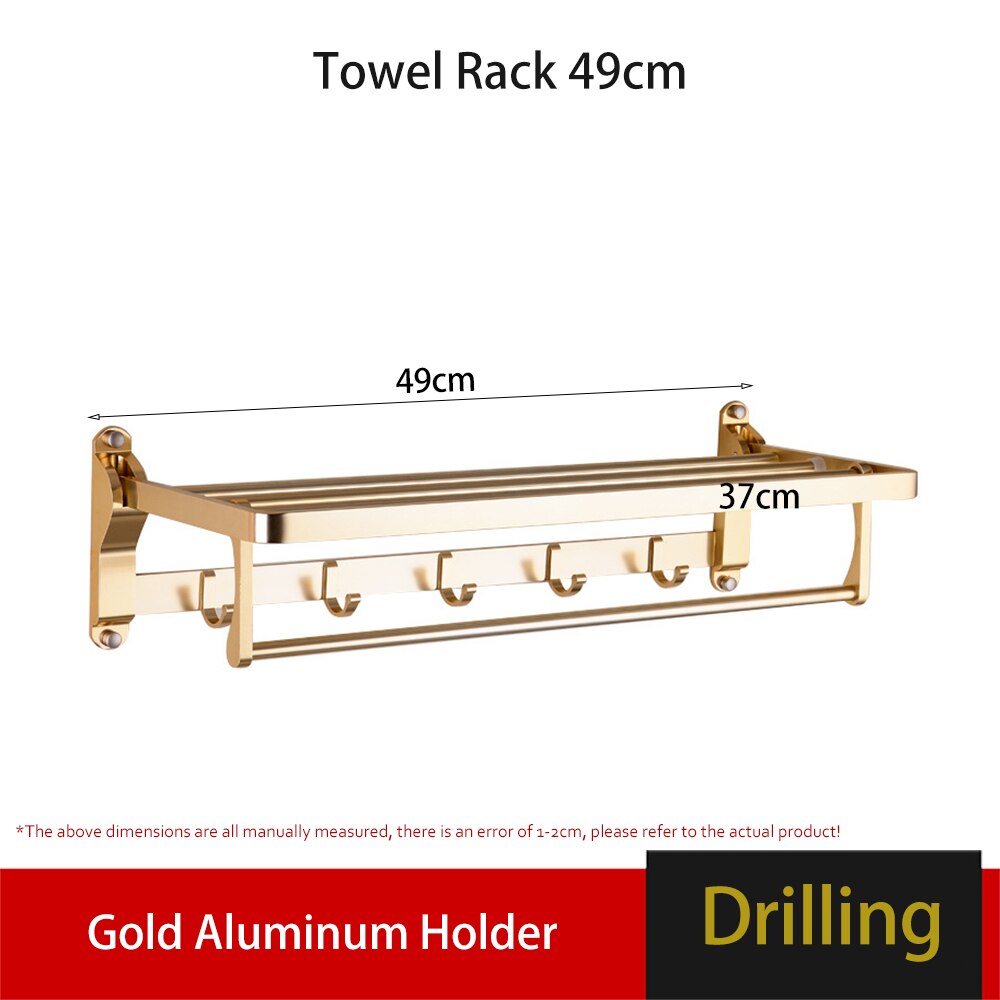 Towel Rack Wall Holder Gold Aluminum Bar Robe Hook Hanger Toliet Paper Holder Bathroom Shelves Hardware Bath Accessories Set: Towel Rack 49cm