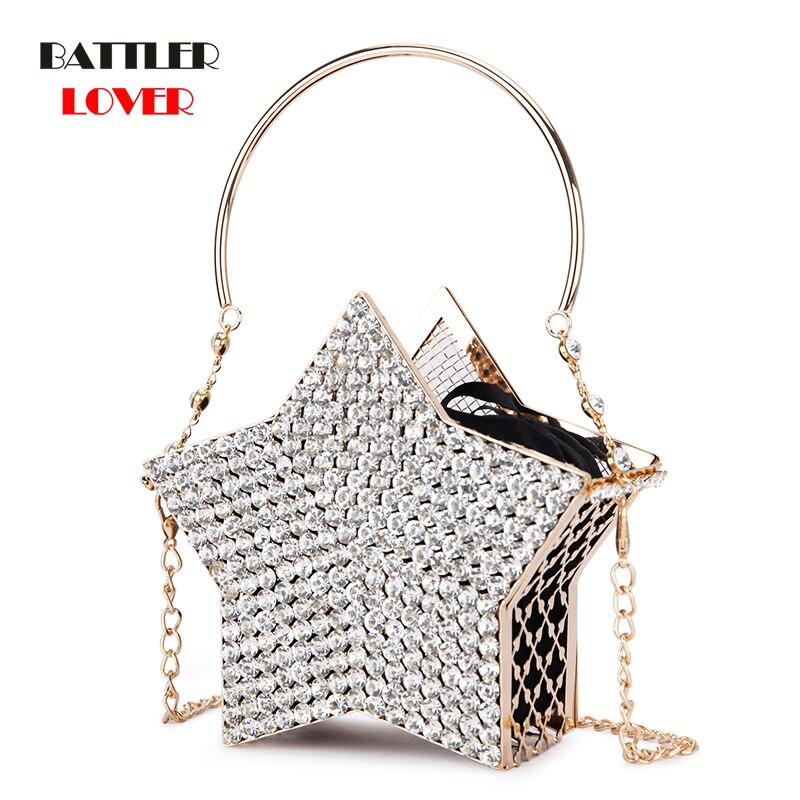 Luxury Diamond Silver Star Evening Clutch Bag For Women Hollow Out Small Metal Cage Ladies Chain Purses And Handbags