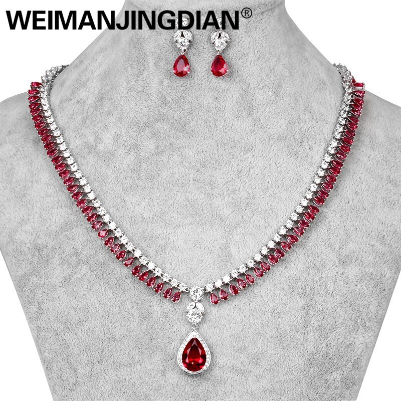 WEIMANJINGDIAN bleu/vert/rouge/clair Halo larme cubique zircon collier et boucle d'oreille ensemble de bijoux de mariée