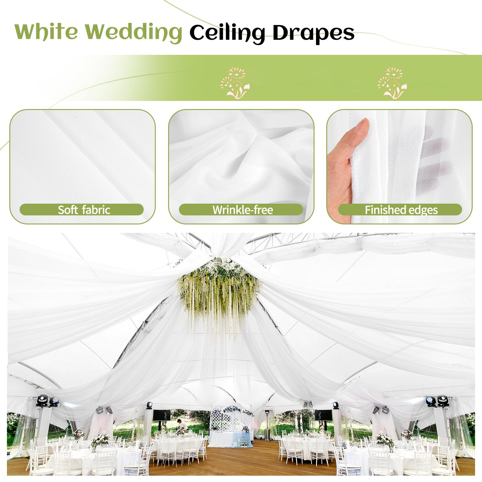 Draperies de plafond en mousseline de soie pour arche de mariage, tissu drapé, draperie blanche, décorations de plafond, scène de cérémonie de fête, Tyys