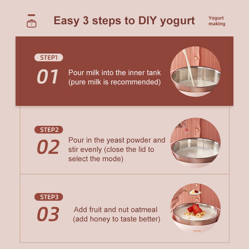 1L Yogurt Maker Portable Automatic Yogurt machine Household DIY Yogurt tools Kitchen appliance Stainless steel tank Pink 220V