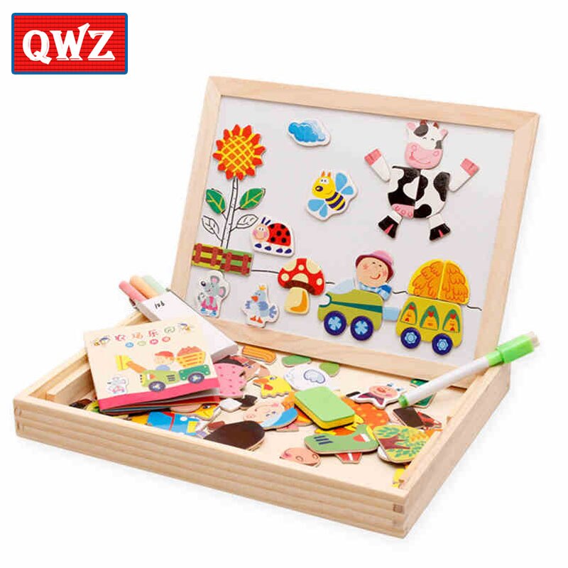 Multifunctional Wooden Magnetic Puzzle Toys Children 3D Puzzle Figure/Animals/ Vehicle /Circus Drawing Board Learning Wood Toys: QWZ091-farm-N