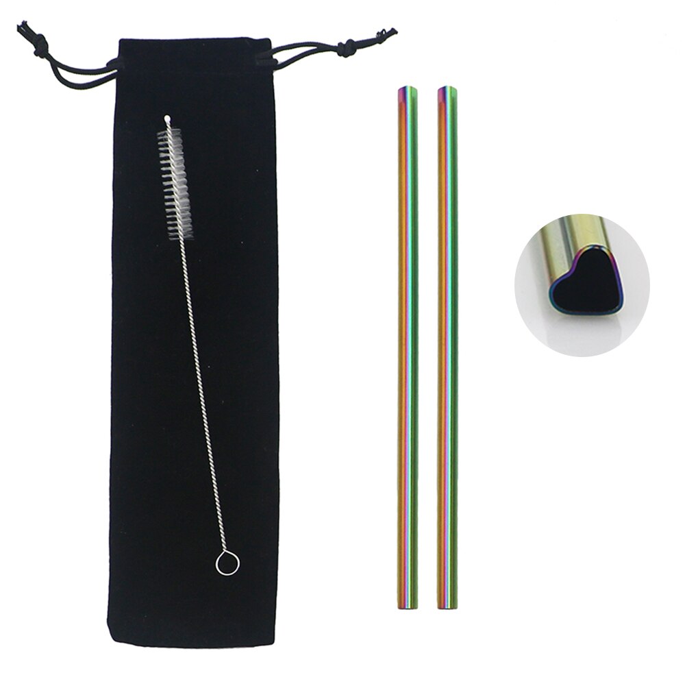 2/4Pc Reusable Love Shape Drinking Straws Set Wedding Decoration Metal Straw Stainless Steel Straw Straight Straw Birthday Party: 2 Pcs Rainbow