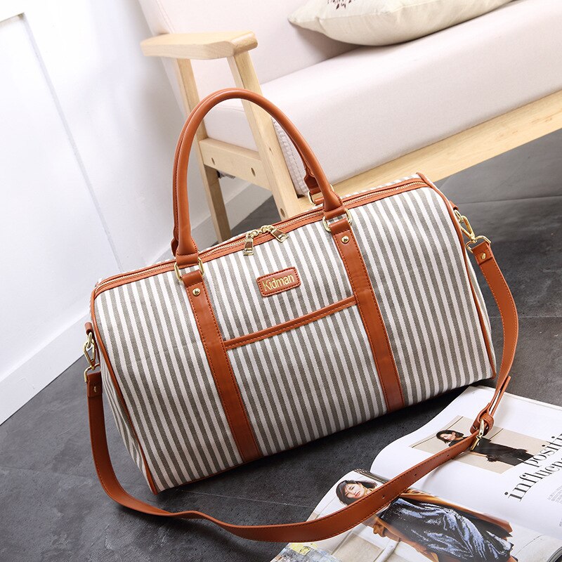 Canvas+PU Leather Women Travel Bag Striped Duffel Tote Large Weekend Bag Female Packing Cubes Suitcase Shoulder Bags