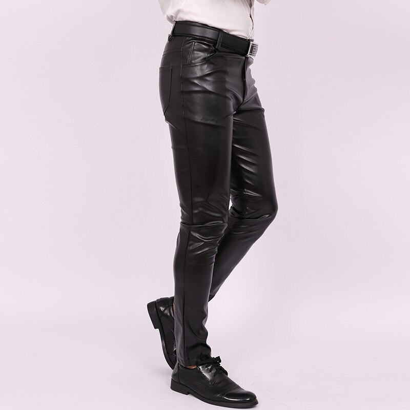 Men's Slim Fit Skinny Pants Tight Stretch Leather Pants Teen Trend Motorcycle PU Leather Pants