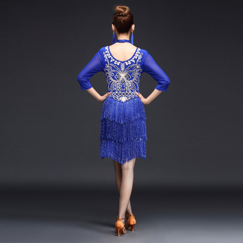 Women Competition Dance Clothes Sequins Costume Set with Sleeves Fringe Salsa Dresses Latin Ballroom Dance Dress