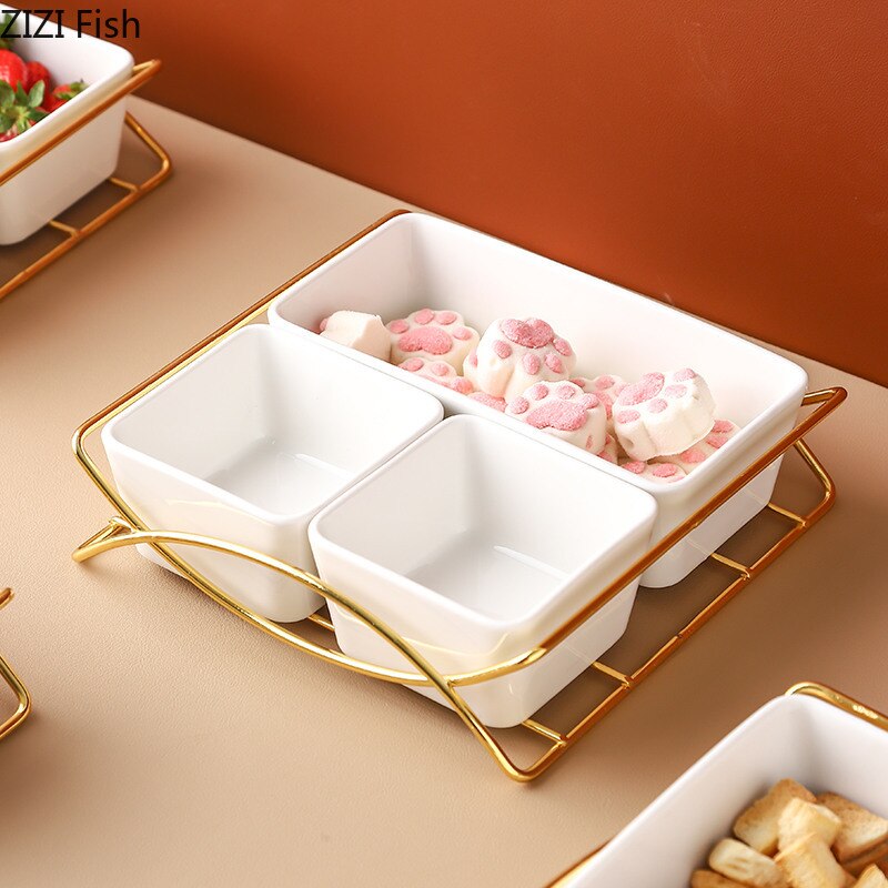 Witte Keramische Raster Snack Schotel Moderne Luxe Thuis Fruit Snack Candy Dessert Platter Keuken Decoratie Servies Opbergvak