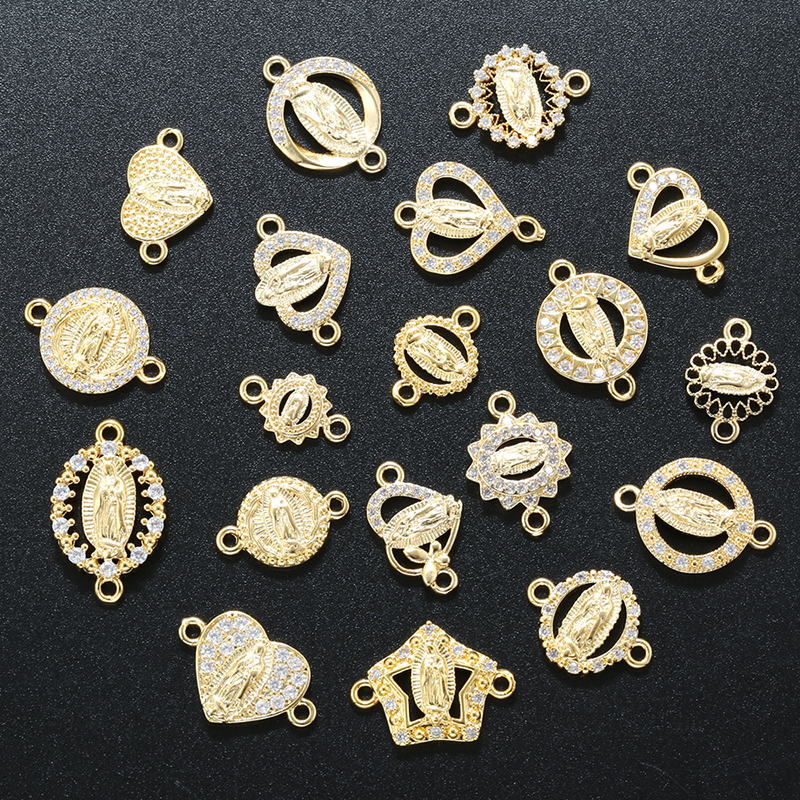 ZHUKOU-Colgante católico de la Virgen María de latón chapado en oro, manualidades con agujeros dobles, accesorios para collar y pulsera DIY