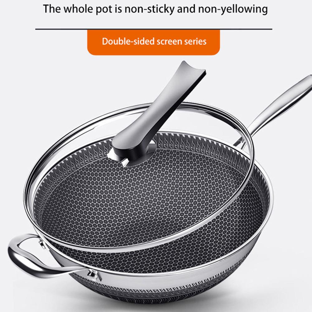 Nonstick Frying Pan Stainless Steel Wok Double-Sided Screen Honeycomb Frying Pan With Glass Lid Saute Pan Kitchen Cookware