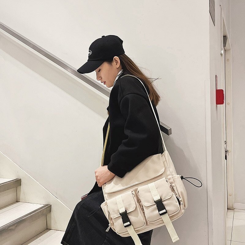 Sac à bandoulière en toile Harajuku pour femmes, sacoche d'école à la Simple pour filles, sac de grande capacité pour écolières